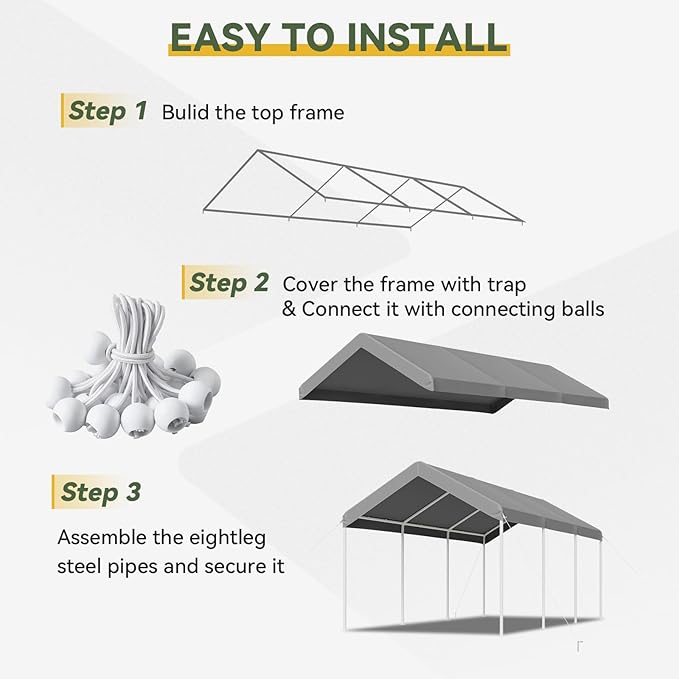 Aoxun 10x20 ft Heavy Duty Carport with Tarp & Wind Resistance Portable Carport Car Tent Outdoor Car Port with Tear Resistant Canopy, No Sidewall - Gray