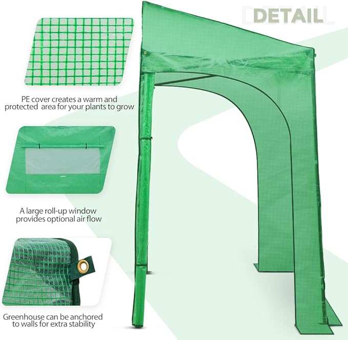 EAGLE PEAK Replacement Cover for 9x4 Portable Lean to Greenhouse, 2 Roll-Up Zipper Entry Doors and 1 Large Roll-Up Side Window (Frame Not Included), Green