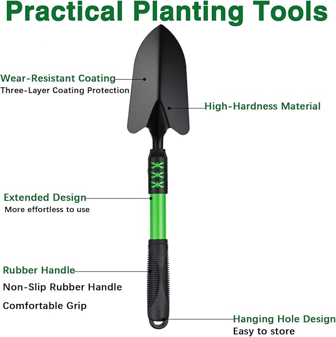 Garden Tools Set, 3 Pack Heavy Duty Gardening Tools Set Include Garden Shovel, Transplant Trowel and Hand Rake with Ergonomic Handle, Aluminum Alloy Lawn for Planting, Green