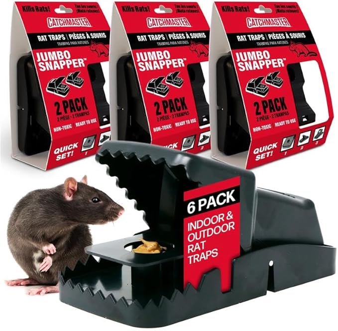 Catchmaster Snapper Jumbo Rat Trap 6-Pk, Rat Traps Indoor for Home, Reusable Rodent Killer for House, Indoor & Outdoor Rodent Bait Station, Eco-Friendly Pest Control for Garage, Basement, & Kitchen