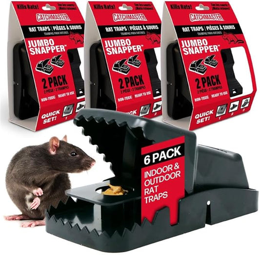 Catchmaster Snapper Jumbo Rat Trap 6-Pk, Rat Traps Indoor for Home, Reusable Rodent Killer for House, Indoor & Outdoor Rodent Bait Station, Eco-Friendly Pest Control for Garage, Basement, & Kitchen