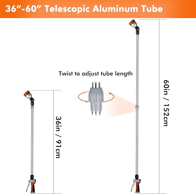 RESTMO Metal Watering Wand, 36”-60” Long Telescopic Tube | 180° Adjustable Ratcheting Head | 7 Spray Patterns | Flow Control, Perfect Garden Hose Sprayer to Water Hanging Baskets, Shrubs, Orange