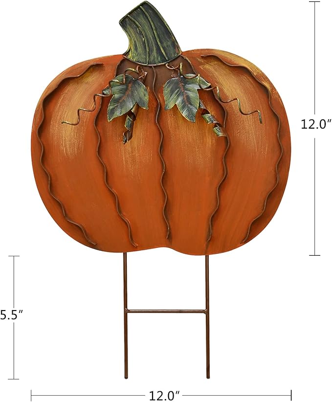 Morning View Pumpkin Garden Stakes Metal Yard Sign Fall Decor Outdoor Autumn Yard Stake Art Pumpkin Lawn Ornaments for Patio Porch Thanksgiving Halloween Harvest 17.5 Inches Tall Set of 2