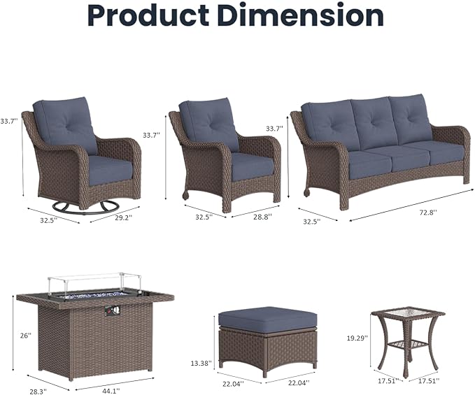 10 Pieces Outdoor Patio Furniture Sets with Rocking Swivel Chairs with 6-inch Thick Cushion and Fire Pit Table for Deck Lawn