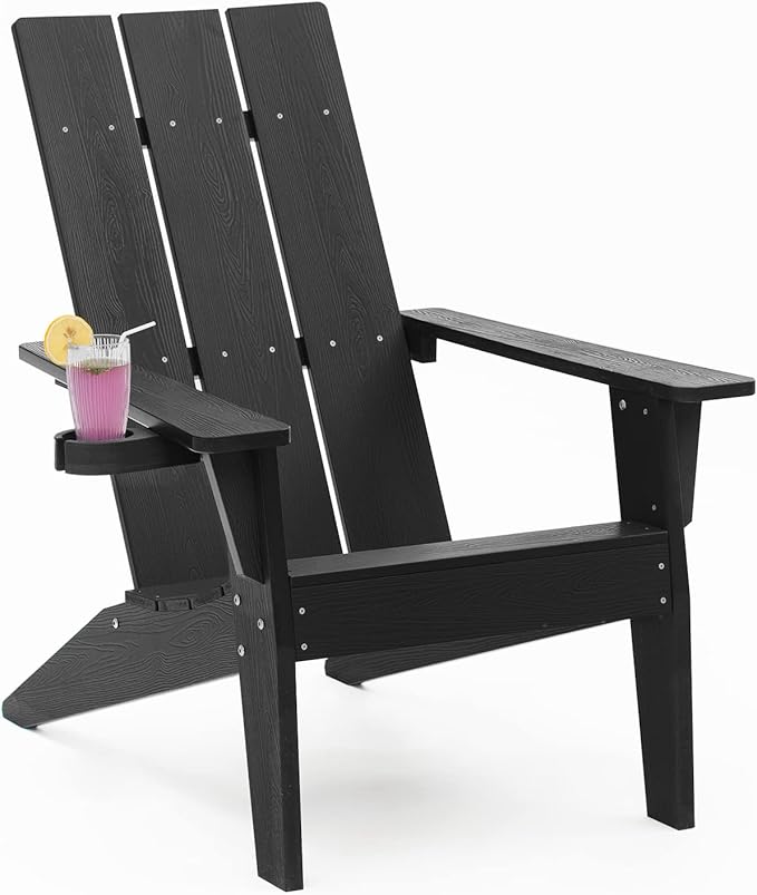 MXIMU Modern Adirondack Chair Weather Resistant with Cup Holder Oversized Fire Pit Chairs Adorondic Plastic Outdoor Chairs for Firepit Area Seating (Black)
