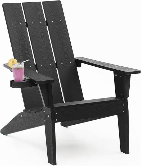 MXIMU Modern Adirondack Chair Weather Resistant with Cup Holder Oversized Fire Pit Chairs Adorondic Plastic Outdoor Chairs for Firepit Area Seating (Black)
