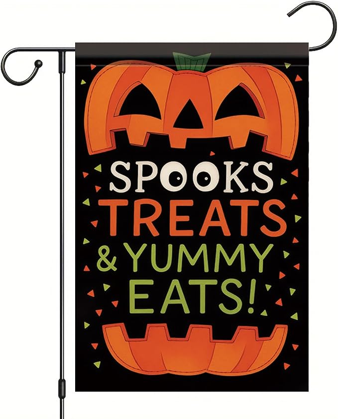 Halloween Garden Flag Spooks Treats & Yummy Eats Pumpkin Flag 12x18 Inch Double Sided Outdoor Yard Banner for Trick or Treat Halloween Decoration Decor