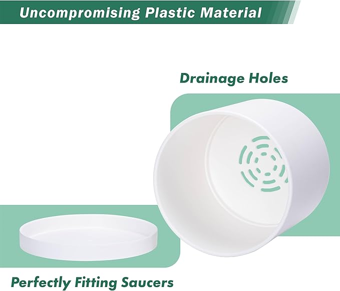 D'vine Dev 8 Inch Plastic Planter Pots for Plant Pot with Drainage Hole and Seamless Saucers, White Color, 74-X-A-1