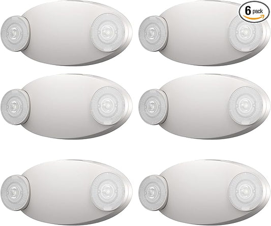 6 Packs LED Emergency Light with Battery Backup-Adjustable Hardwired 2 LED Bug Eye Head Wall Mount -UL Certified 120-22VAC White Emergency Exit Lighting Fixtures for Business/Home