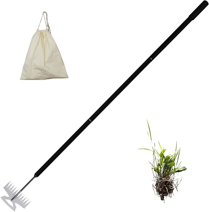 2-in-1 Weed Puller Rake Hand Weeder Garden Tools,New 11 Teeth Uprooting Weeding Tool with Adjustable Long Handle,Manganese Steel Weed Remover Tool for Garden,Lawn Weeding and Loosening Soil（Black）
