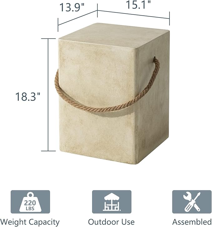 COSIEST Set of 2 Concrete Side Table, Rectangular Outdoor Side Table w Hemp Rope Handles,15''Patio Side Tables End Table, Outdoor Accent Side Table for Garden and Patio, Beige