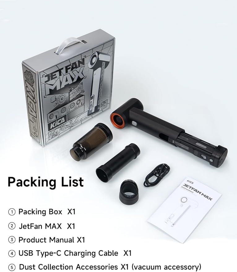 Jet Fan MAX - KiCA Jetfan Car Air Blower and Vacuum Turbo Fan,Electric Cordless Strong Blower 85000 RMP for Car Window Snow/Leaf Clearing,Dry Motocycle,Computer Dust Remove,Outdoots,Long Battery Life