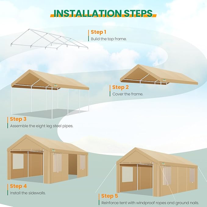 COBIZI Carport Canopy 12x20 Heavy Duty Portable Garage with Roll-Up Ventilation Windows & Doors, Removable Sidewalls Car Canopy Tent Waterproof with Built-in Sandbags for Cars, Boats, Trucks, Khaki