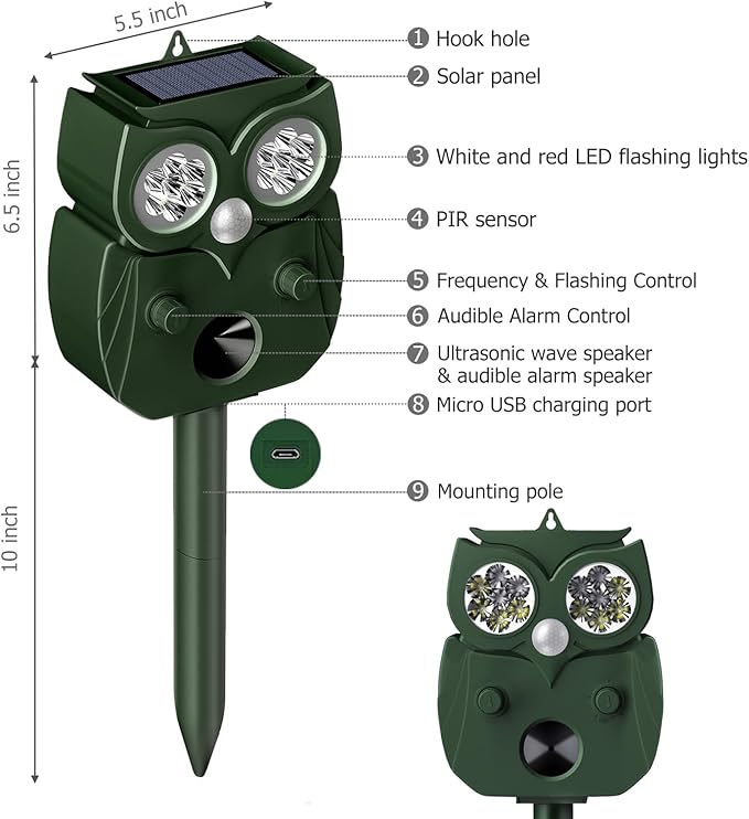 Animal Repellent Outdoor Solar Powered, Ultrasonic Deer Squirrel Skunk Rabbit Rodent Dog Deterrents Waterproof Animal Repeller, Pest Control for Gardens, Deter Mice, Snake, Squirrels, Rodents