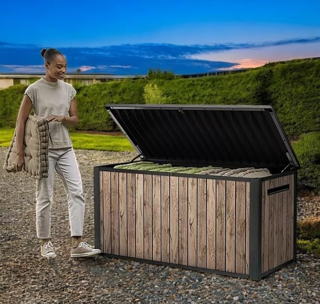 170-Gallon Outdoor Storage Deck Box, Weather-Resistant, (Ash Wood Brown)