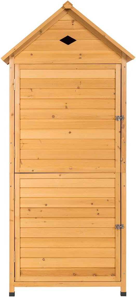 Goplus Outdoor Storage Shed, Lockable Fir Wood Garden Tool Storage Cabinet with Galvanized Sheet Roof for Garden, Yard, Natural Color