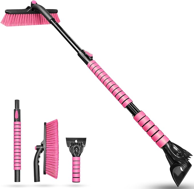 SEAAES 44 Inch Ice Scraper and Snow Brush for Car Windshield, Extendable Snow Removal Brush with Foam Grip for Truck SUV Vehicle Window - Pink
