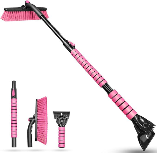 SEAAES 44 Inch Ice Scraper and Snow Brush for Car Windshield, Extendable Snow Removal Brush with Foam Grip for Truck SUV Vehicle Window - Pink