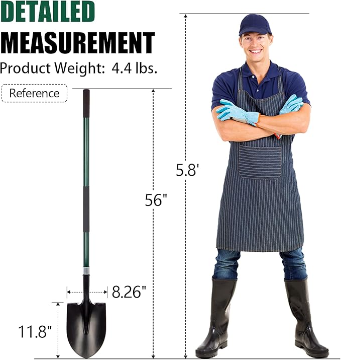 Heavy Duty Gardening Shovel, 56 Inch Round Blade with Fiberglass Handle (Green)