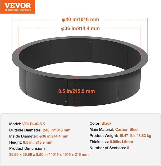 VEVOR Fire Pit Ring, 40-Inch Outer/36-Inch Inner Diameter, 8.5inch Height Fire Pit Insert, Heavy Duty Carbon Steel Liner DIY Campfire Ring Above or In-Ground, for Outdoor Camping, Bonfires
