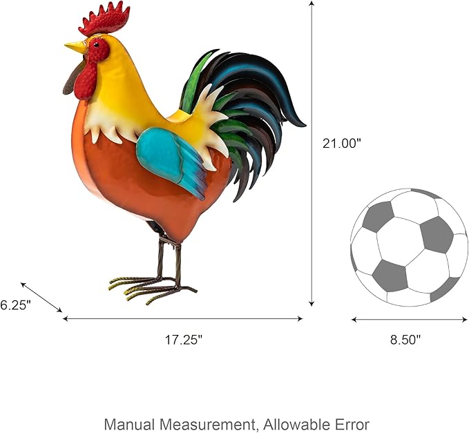 Glitzhome Metal Vibrant Standing Rooster Statue, Rustic Yard Signs 21 Inch Garden Rooster Sculpture for Farm Patio Lawn Porch Home Decor