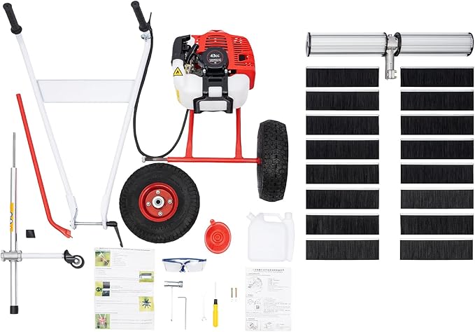 2 Stroke 43CC Gasoline Powered Lawn Sweeper Push Brooms Walk Behind Snow Sweeping Cleaner Machine 1.7HP/ 1.25KW 6500-8500rpm