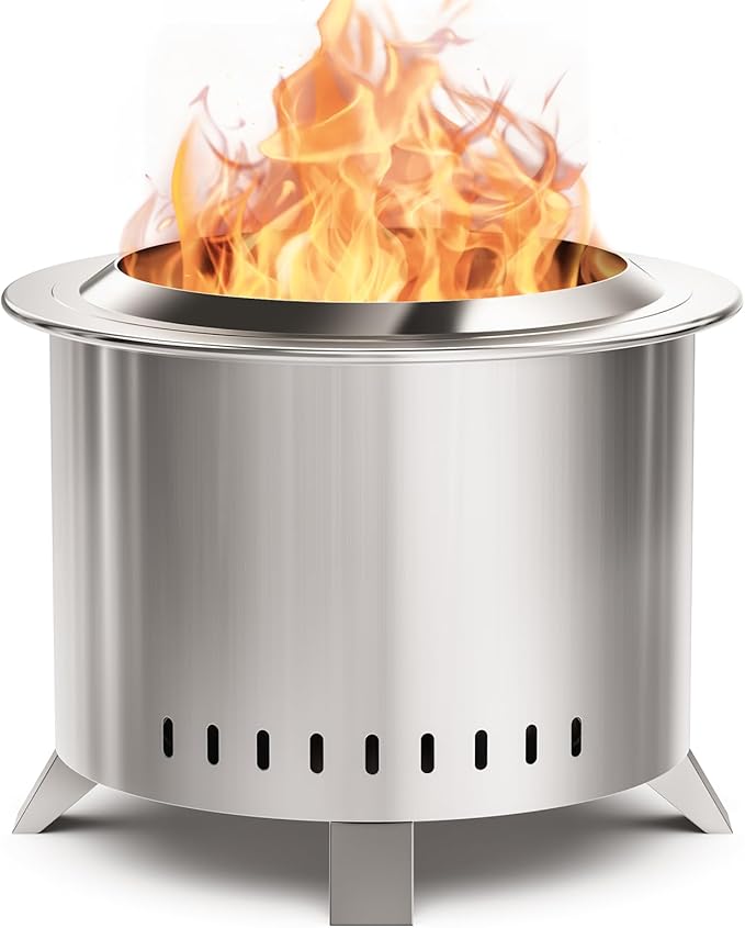 Smokeless Fire Pit,22 Inch Stainless Steel Firepit, Outdoor Wood Burning Fire Pit with Cover,Smokeless Firepits for Outside Backyard Patio Garden Camping Bonfire（Silver）