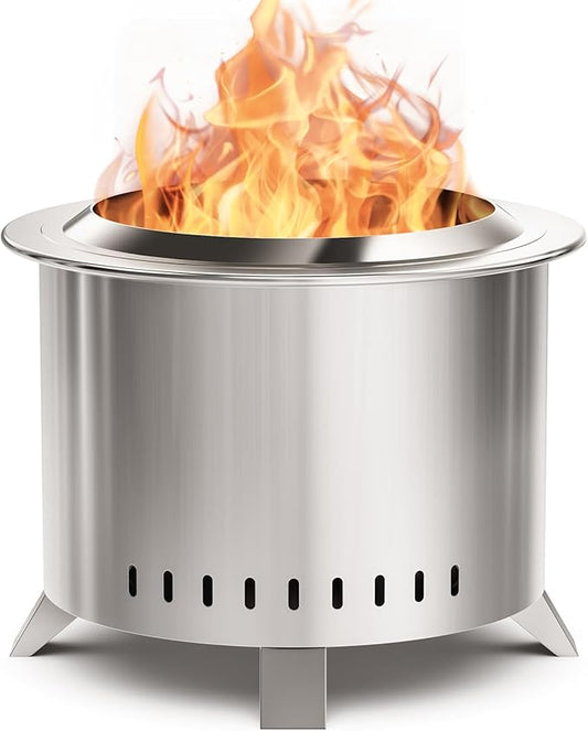 Smokeless Fire Pit,22 Inch Stainless Steel Firepit, Outdoor Wood Burning Fire Pit with Cover,Smokeless Firepits for Outside Backyard Patio Garden Camping Bonfire（Silver）