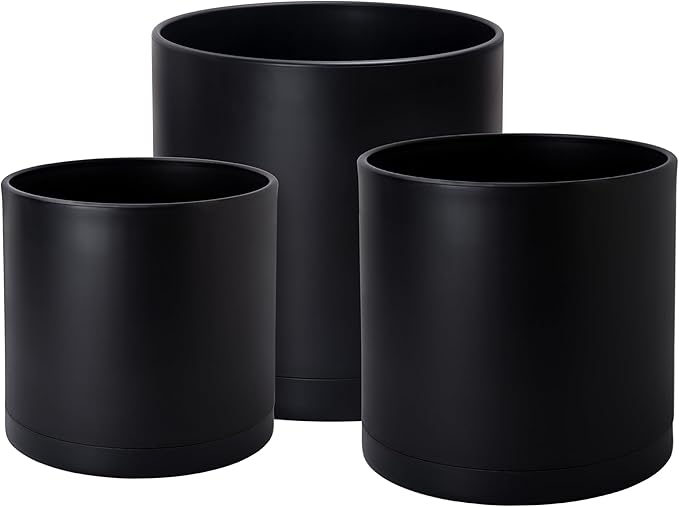 D'vine Dev 12 Inch 14 Inch 16 Inch, Set of 3 Plastic Planter Pots for Plants with Drainage Hole and Seamless Saucers, Black Color, XXX-Large, 74-V-B-7