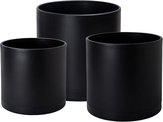 D'vine Dev 12 Inch 14 Inch 16 Inch, Set of 3 Plastic Planter Pots for Plants with Drainage Hole and Seamless Saucers, Black Color, XXX-Large, 74-V-B-7