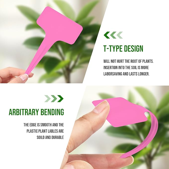 Plant Labels 200 Pcs Yuanling T-Type Plastic Garden Tags Waterproof Plant Sign Stakes Nursery Garden Makers for Seedlings Flower Vegetables Herb Potted Belt Permanet Marker Pen (Pink)