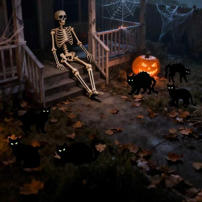 6 Pcs Black Cat Yard Signs with Night-Shining Eyes,Spooky&Scary Decor for Outdoor Lawn Garden Halloween