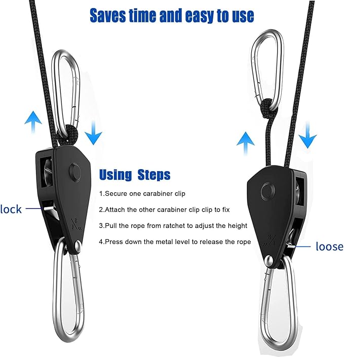 Grow Light Rope Hanger 50Pairs，1/8" 8-Feet Long Heavy Duty Adjustable Rope Clip Hanger, Adjustable Rope Ratchet Hangers 150 Lbs per Pair Used with Grow Light, Grow Bags