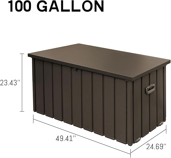 Domi Outdoor Deck Box 100 Gallon, Waterproof Lockable Steel Outdoor Storage Container for Outside Cushions, Garden Tools and Pools Equipment (Dark Brown)