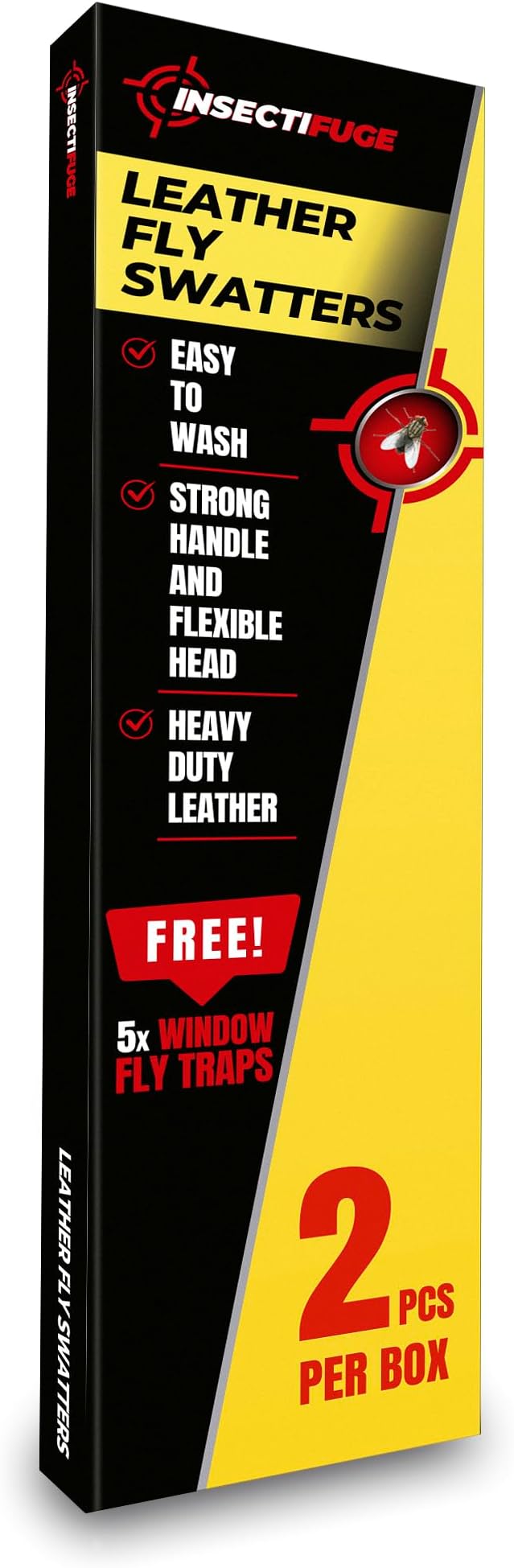 Leather Fly Swatter 2 Pack with 5 Window Fly Traps - Heavy Duty Fly Swatter Manual, Retractable Indoors Outdoors, Large Swatters Multi Pack Long Handle, MATA Moscas