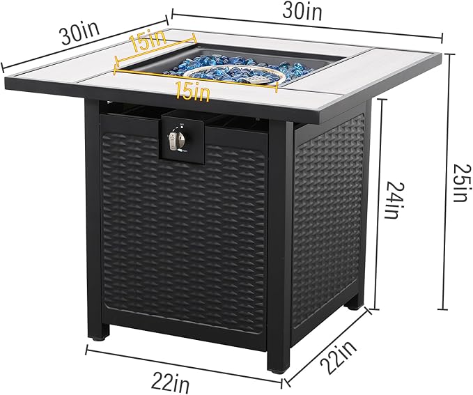 30 Inch Fire Tables 50000 BTU Outdoor Fire Pits for Outside Steel Gas Fire Table with Fire Pit Lid Wooden Marble Tabletop and Waterproof Cover