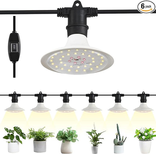Outdoor Grow Lights for Plants, Full Spectrum Greenhouse Grow Light, UL Certified Daisy-Chain String Grow Lights, IP44 Waterproof, 22FT Adjustable Cord, for Vegetables, Seedlings, Flowers (6 Lights)