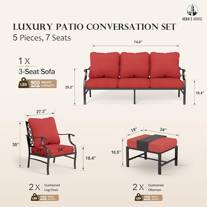 HERA'S HOUSE 5 Piece Patio Furniture Set, 2 x Leg Chair, 2 x Ottoman, 1 x 3-Seat Sofa, All Cushioned 7 Seats Metal Outdoor Conversation Set for Lawn Garden Backyard