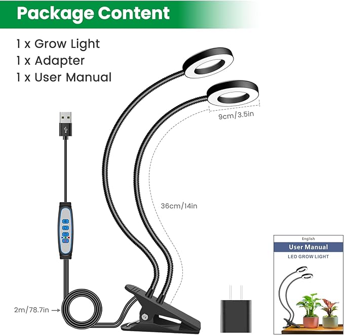 Grow Lights for Indoor Plant, Halo LED Grow Light with Clip, Upgrade 96 LEDs Clip On Plant Lights, Full Spectrum LED Plant Growing Lamp with 3 Modes & 5 Dimmable Levels, Auto Timer 6/12/16H.