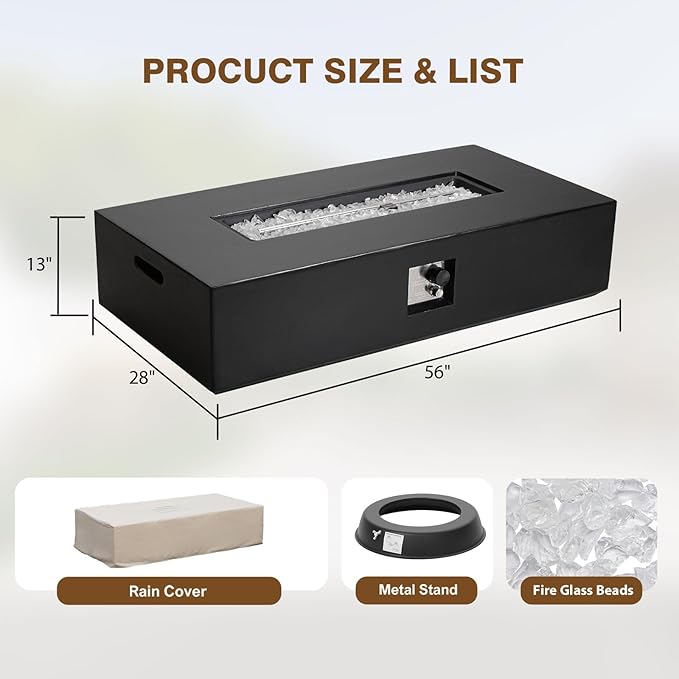 Outdoor Propane Fire Pit Table – Premium Marble-Like MgO Finish, 56-Inch Gas Fire Table for Patio, Garden & Backyard, Includes Rain Cover & Glass Beads