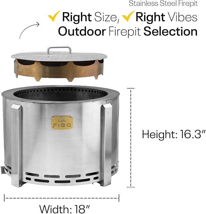 Smokeless Firepit - 18 Inch - Stainless Steel Fire Pit - Wood Fire Pits for Outside with Stand, Removable Ash Rake, Fire Poker & Fire Pit Cover - Smokeless Firepit for Outside, Bonfire, BBQ, Backyard