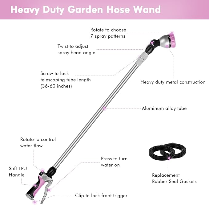 RESTMO 36”-60” Metal Watering Wand, Long Telescopic Tube | 180° Adjustable Ratcheting Head | 7 Spray Patterns | Flow Control, Garden Hose Sprayer to Water Hanging Baskets, Shrubs, Pink