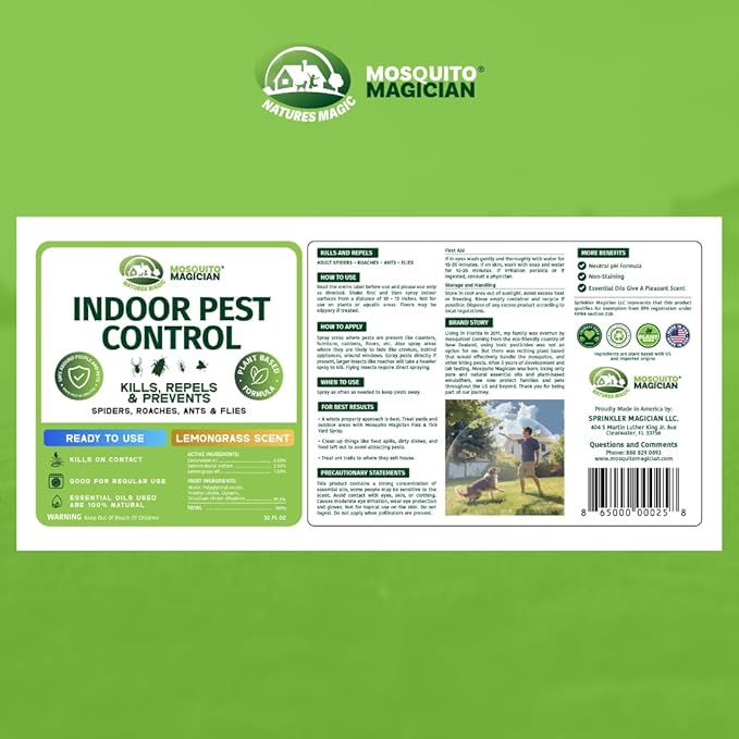 Mosquito Magician Indoor Pest Spray – Design for Indoor Use to Neutralize Spiders, Roaches, Ants & Flies with Plant-Sourced Essential Oils, Efficient Ready to Use Home Pest Spray – Lemongrass, 32 OZ