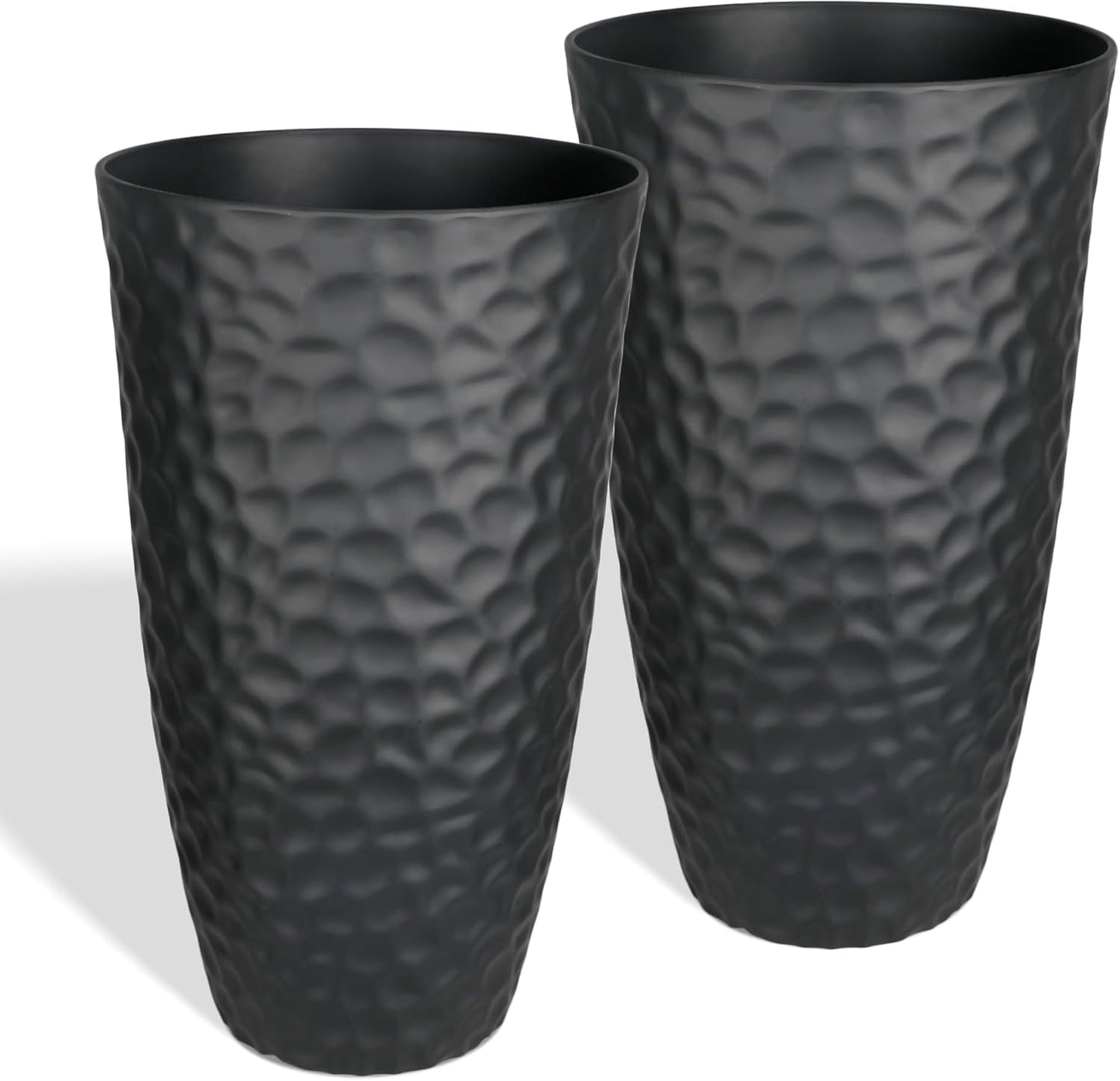 Worth Garden 24" H Tall Hammered Texture Planters Set of 2 - Matte Black Plastic Flower Pot with Drainage Holes, Modern Outdoor Indoor Lightweight Pots for Large Plants, Durable Decor Containers