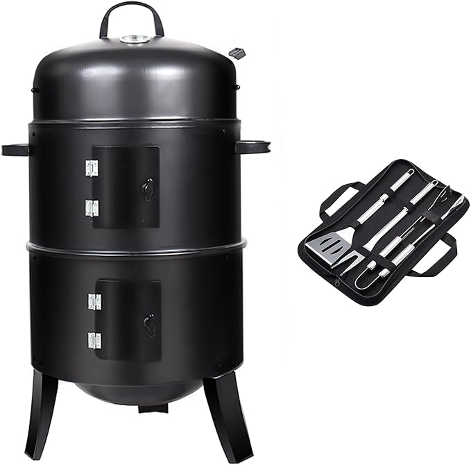 16 inch Vertical Charcoal Smoker, Mini BBQ Grill, Fire Pit, 3-in-1 with Built-in Thermometer, Adjustable Air Vent, Idea for Parties, Backyard, Patio, Camping