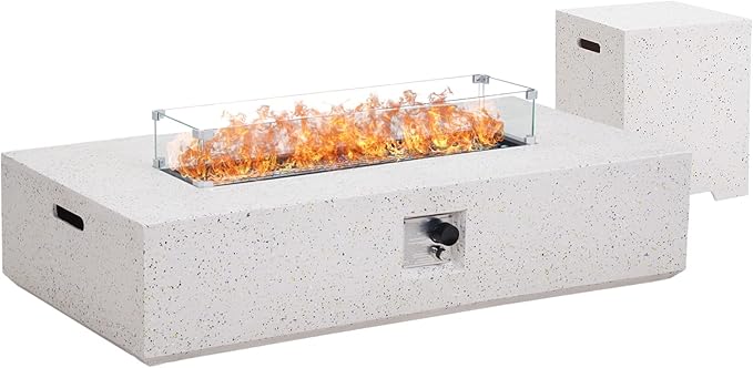 NAGA HABNA 56 Inch Propane Fire Pit Table, Rectangle Outdoor Fire Table w Tank Table (50,000 BTU), 3 Piece Gas Fire Pit w Glass Wind Guard and Blue Fire Glass for Garden, Pool, Backyard