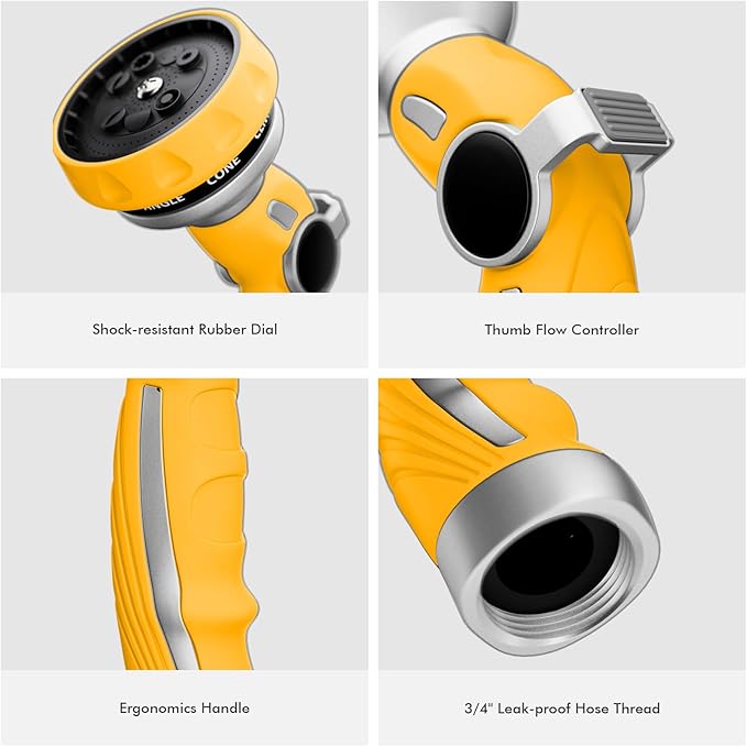 RESTMO Hose Nozzle Heavy Duty, Metal Water Hose Sprayer for Garden, 9 Spray Patterns | High Pressure | Thumb Flow Control | On/Off Valve, Ideal for Lawn & Plant Watering, Car & Pet Washing, Yellow