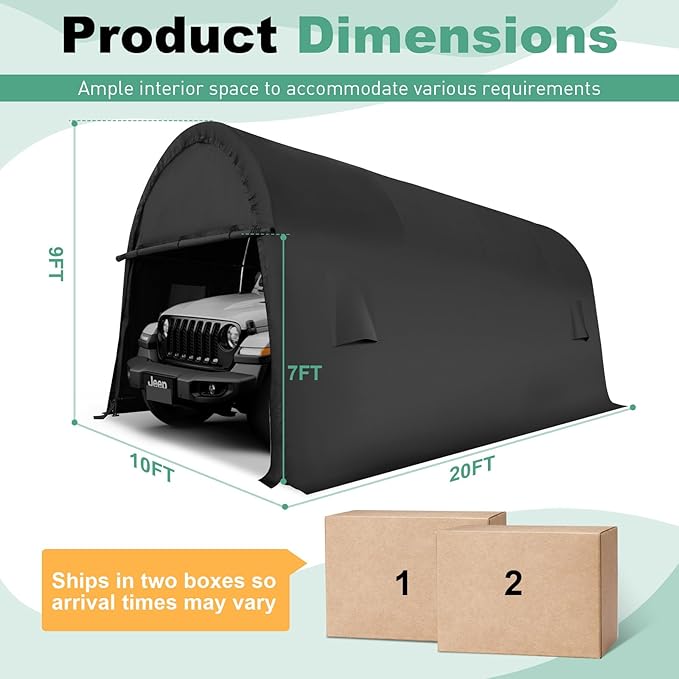 COBIZI Carport 10x20 FT Heavy Duty, Portable Garage, Carport Canopy with All-Steel Metal Frame & Vents, Round Style Outdoor Storage Shed for Car, Truck, Boat, Patio Furniture Anti-Snow Waterproof