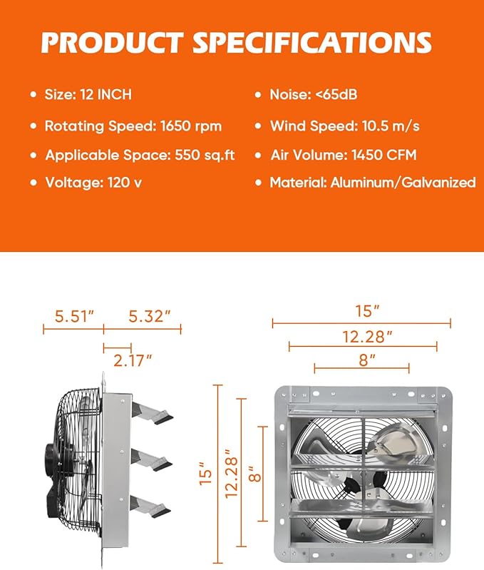 JVO 12 Inch Shutter Exhaust Fan 1450 CFM High-Powered Ventilation, Ideal for Attics, Greenhouses, Garages and Chicken Coops - Wall Mount for Easy Installation (12 inch Fan Wtih Power Cord)