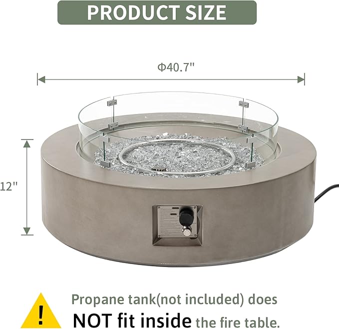 COSIEST Outdoor Propane Fire Pit Coffee Table w Gray 42 inch Round Base Patio Heater, CSA Certified, 50,000 BTU Stainless Steel Burner, Wind Guard, Transparent Gray Fire Glass, Rain Cover